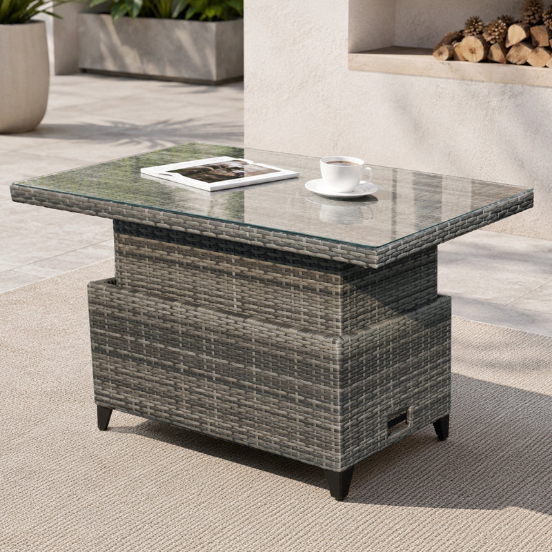 Table de salle à manger rectangulaire d'extérieur réglable en osier, Gris, Gris