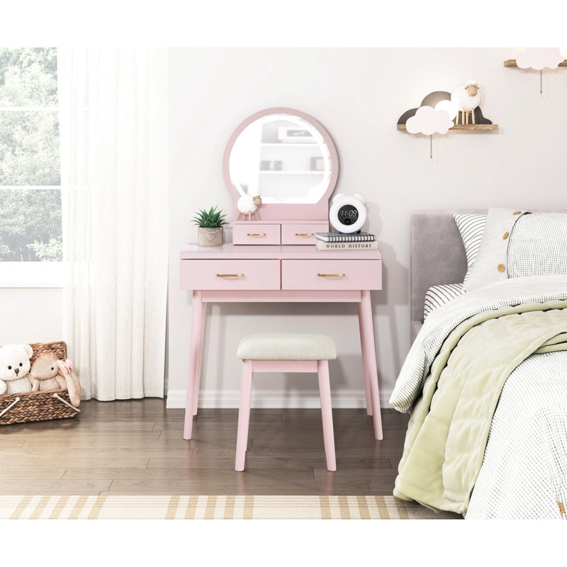 Pink Bedroom Vanity With Stool, Mirror And Convenient Drawer For Led Mirror, Stool & Drawers, Pink