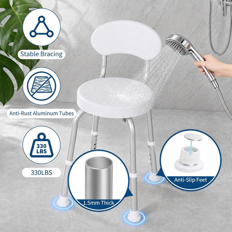 360° Swivel Shower Chair with Backrest, Non-Slip Bathtub Chair, Height Adjustable Bath Seat for Elderly, Seniors and Disabled, Compact Shower Bench for Inside Tub or Shower
