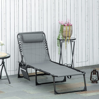 Outsunny Portable Sun Lounger Folding Camping Bed Cot Pillow Grey