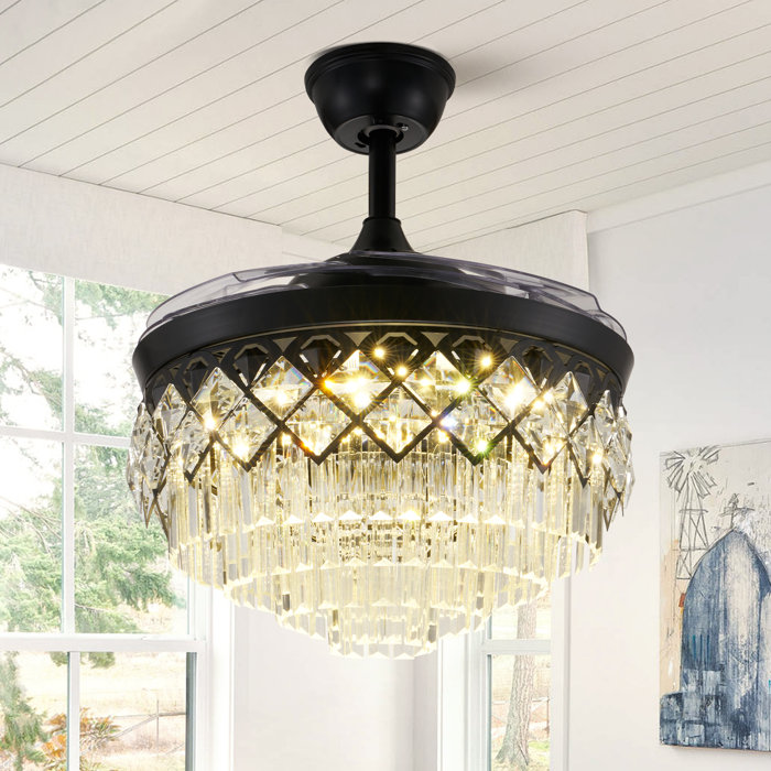 Everly Quinn 42'' Black Crystal Ceiling Fan with LED Lights For Living ...