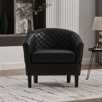Faux Leather Accent Chairs,modern Barrel Club Chair For Living Room,arm Chair With Nailhead Trim And Diamond Grid Backrest