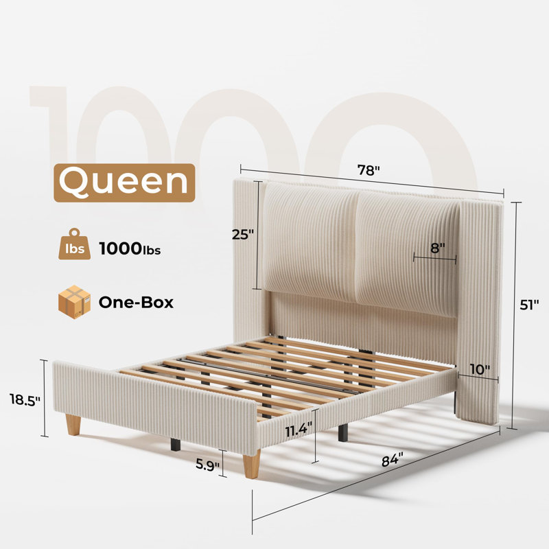 Corduroy Upholstered Bed with  Tall Upholstered Headboard, Queen, Cream