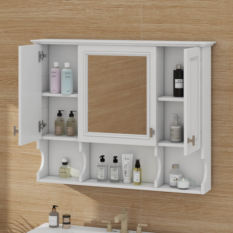 Armoire à pharmacie murale, armoire de salle de bain moderne avec miroir, tablettes ouvertes, Blanc