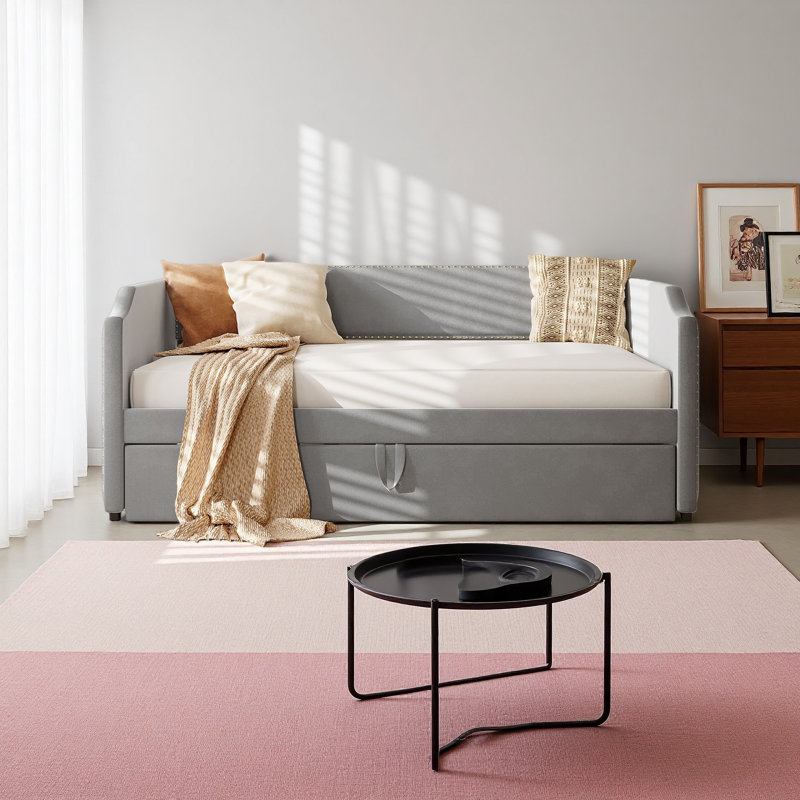 Twin Size Velvet Upholstered Daybed With Pop Up Trundle, Gray