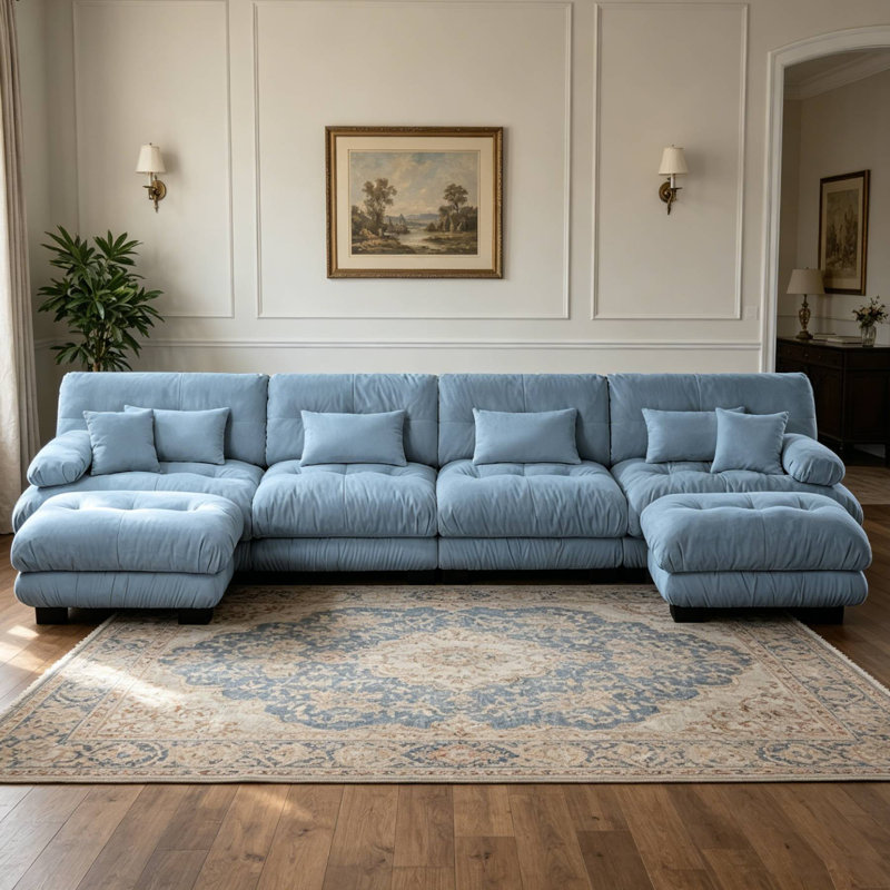 Canapé modulaire en U rembourré avec 2 repose-pieds, Blue, 35.4" H x 173.2" W x 59.6" D