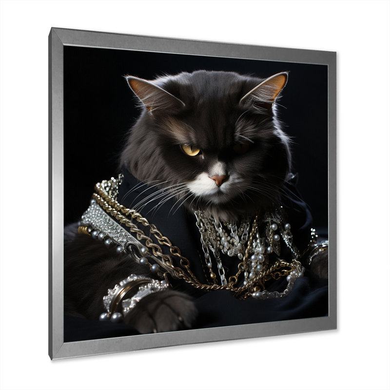 Gangsta Glam Cool Cat I, Cadre simple argenté, H 36 po x l 36 po x P 1,5 po