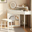 Bureau de coiffeuse de coin blanc avec miroir pliable éclairé à DEL et tabouret, coiffeuse moderne avec luminosité réglable et grand espace de rangement pour les petites chambres