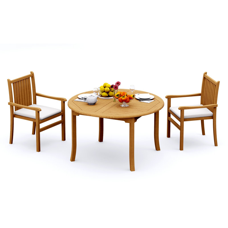 2 Seats 3 Pcs Grade-A Teak Wood Dining Set: 52" Round Table And 2 Cahyo Stacking Arm Chairs #11CH1102, 2