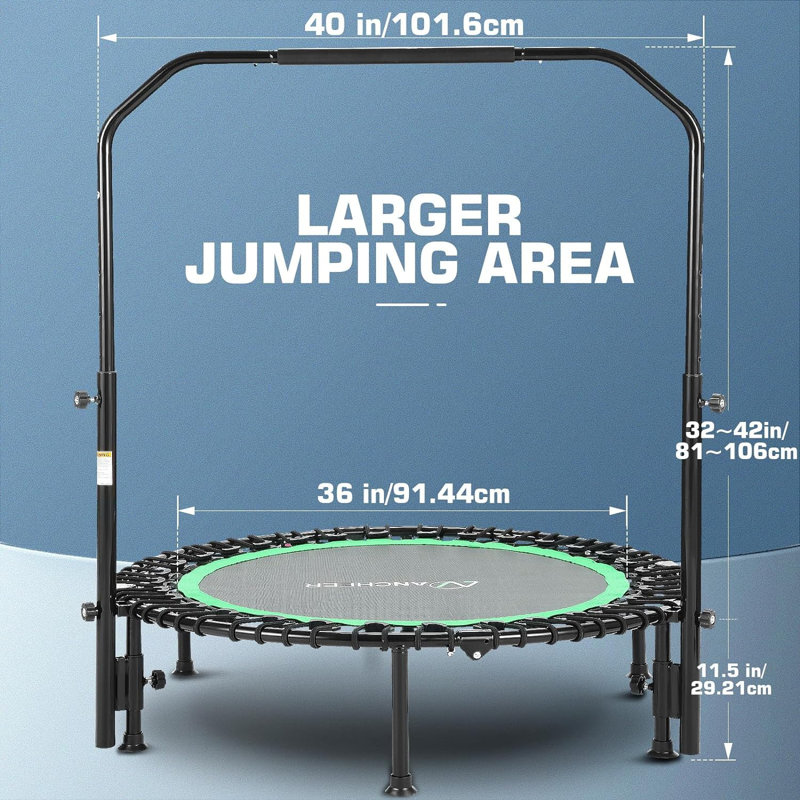 Trampoline rond 3,3 po pliable avec guidon, Noir / vert