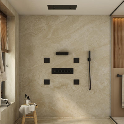 23" L x 16" W 5-Function Flush Mount Thermostatic Shower System With Neck Massage Spout and 4 Body Jets