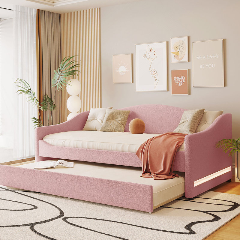 Upholstered Daybed with Light and Trundle, Twin, Pink