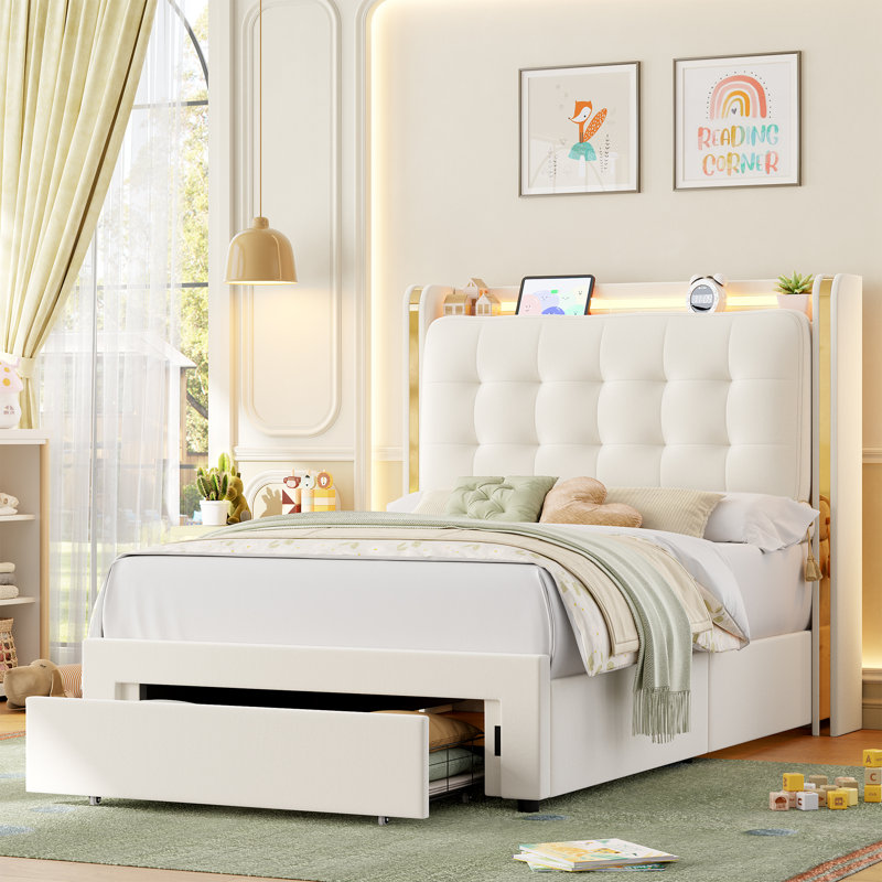 Velvet Upholstered Storage Bed With LED Lights & Charging Station, Twin