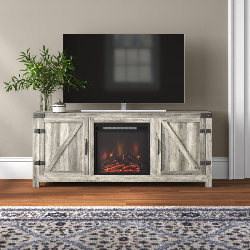 Benedict Unfinished TV Stand for TVs up to 65" with Fireplace Included, Gray Wash, Yes