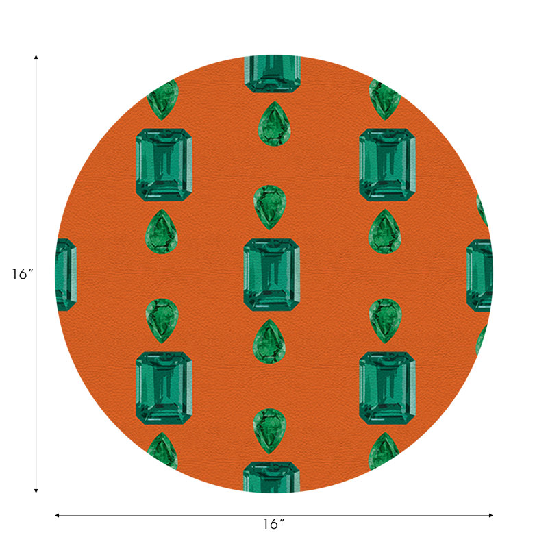 Gem Emeralds Vegan Leather Round Pebble Placemat, Emeralds, Orange