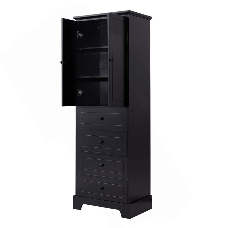 Storage Cabinet With 2 Doors And 4 Drawers, Adjustable Shelf, MDF Board With Painted Finish, Black