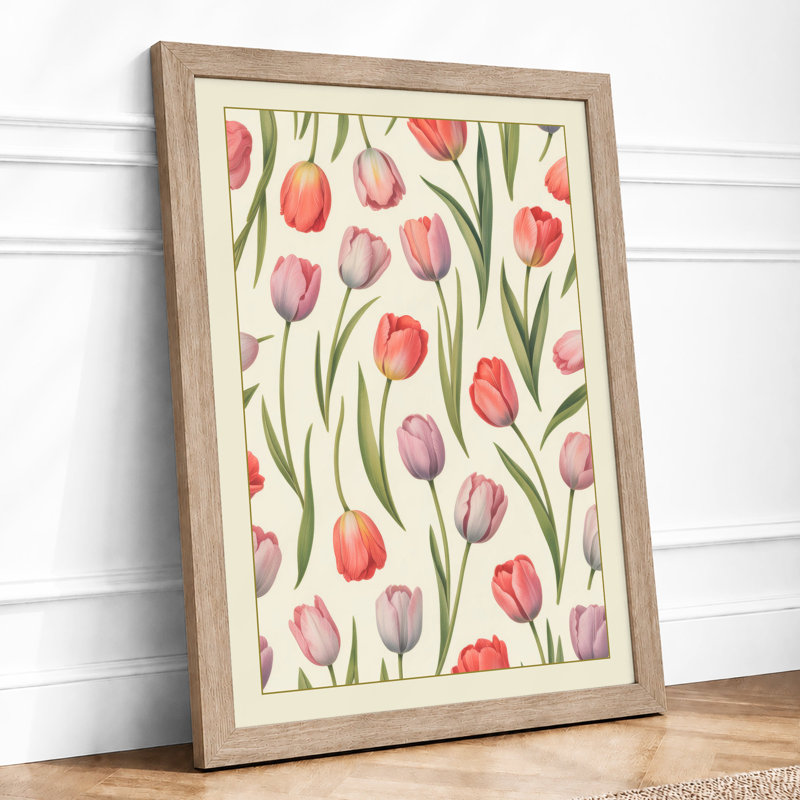 Scattered Tulip Garden Botanical - Framed Print, A2 - 59.4 x 42.0 cm, Oak