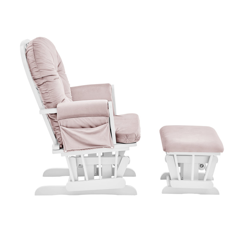 Cleo Wooden Glider and Ottoman, White Wood, Pink Velvet