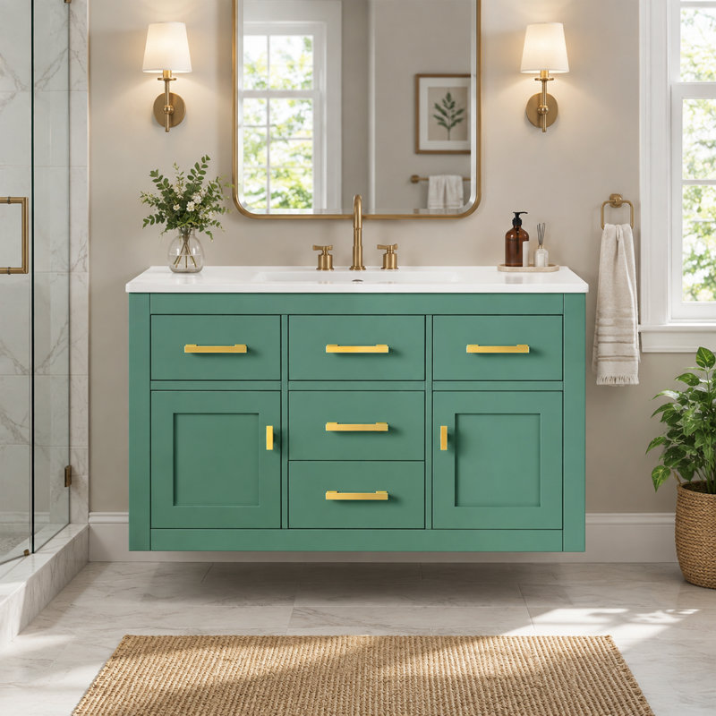 Meuble-lavabo mural avec lavabo et rangement en céramique intégrés
