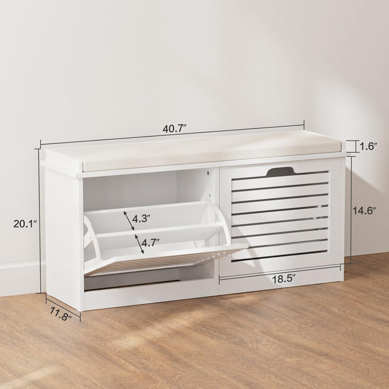 Shoe Storage Bench With 2 Flip Drawer & Seat Cushion, Entryway Bench With Shoe Storage, Hidden Shoe Rack Bench For Hallway, Bedroom, Mudroom