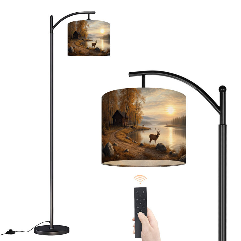 Lampe sur pied à arc avec abat-jour réglable cerf automne forêt rustique chalet animal de compagnie chasse aux élans sur pied