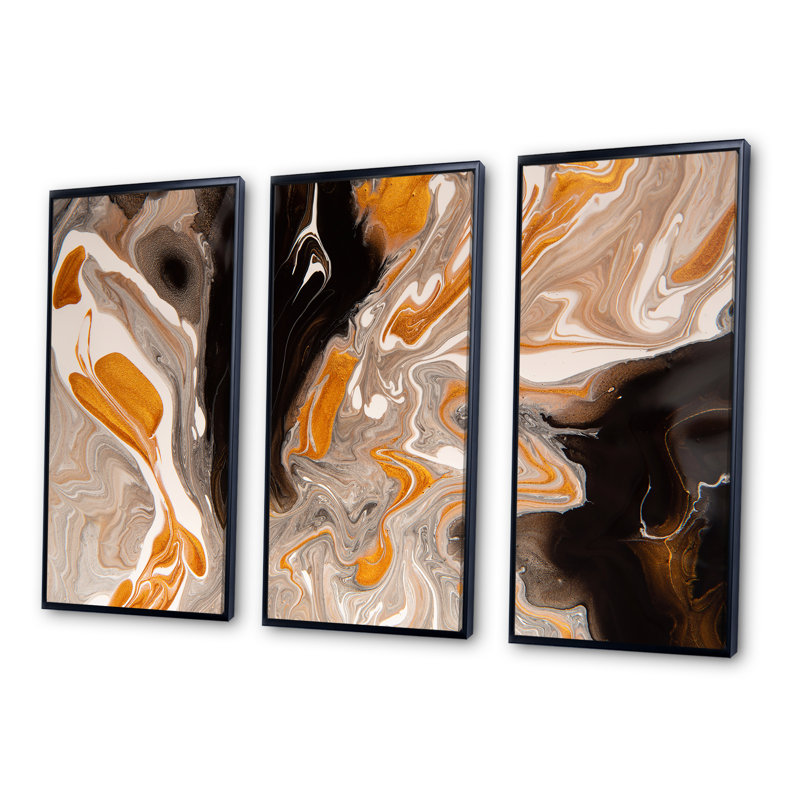 Orange et noir Marble Waves III - ensemble d'art mural moderne sur toile encadrée 3, H 32 po x l 48 po