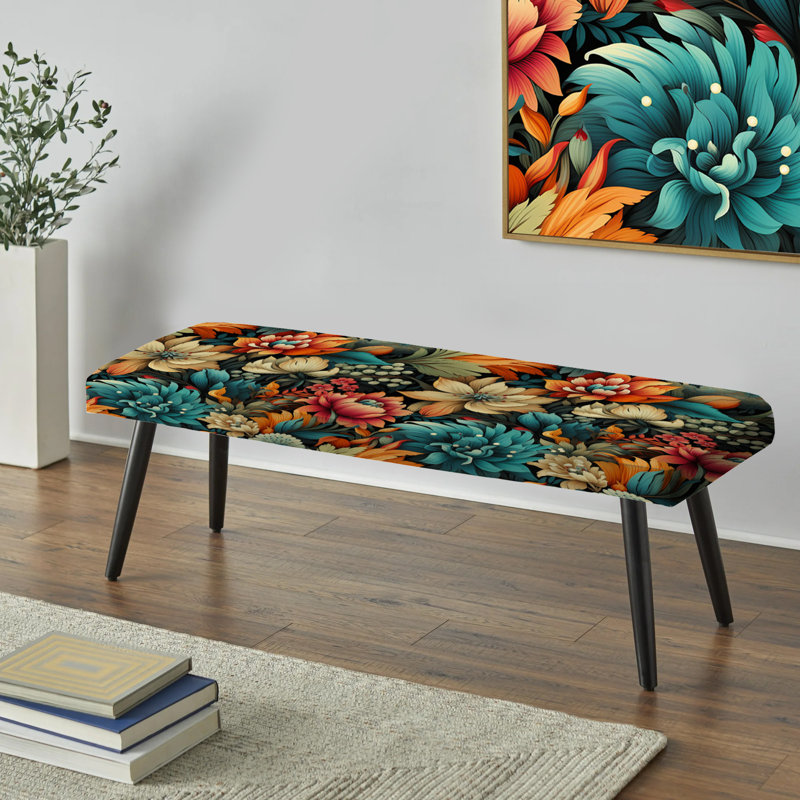 Upholstered Black Bench, Flowers Boho Damask Dreams