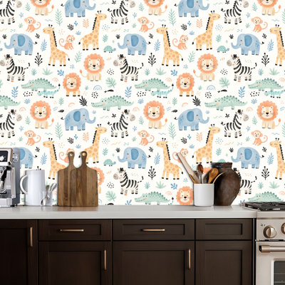Papier peint adhésif repositionnable à motifs de lion, girafe, éléphant, bébé animal, dinosaure, zèbre, pour chambre d'enfant. Décoration murale amovible et autocollante pour chambre, cuisine et placards. 45 cm x 300 cm.