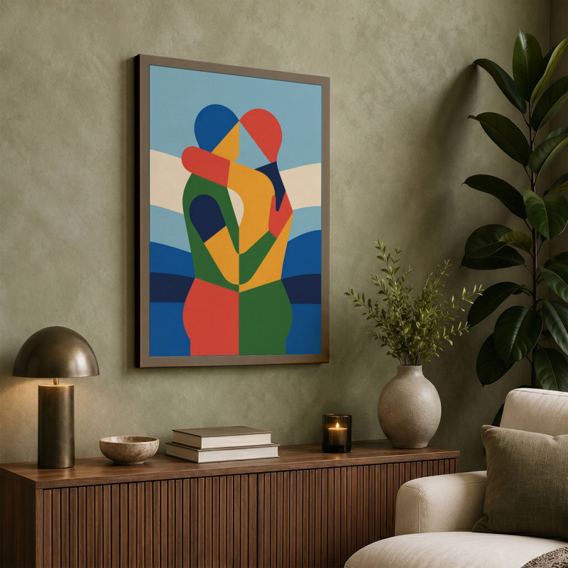 Figures in Embrace Geometric 1 Piece Wrapped Canvas Wall Art, 24x16 - 61.0 x 40.6 cm, Ochre Border