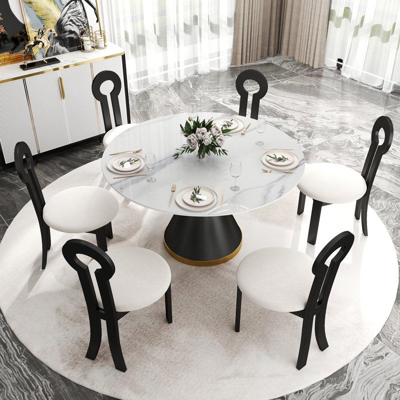 6 Seat Dining Table Set With Modern Key-shaped Dining Chairs, 7-piece Dining Set, Black, White
