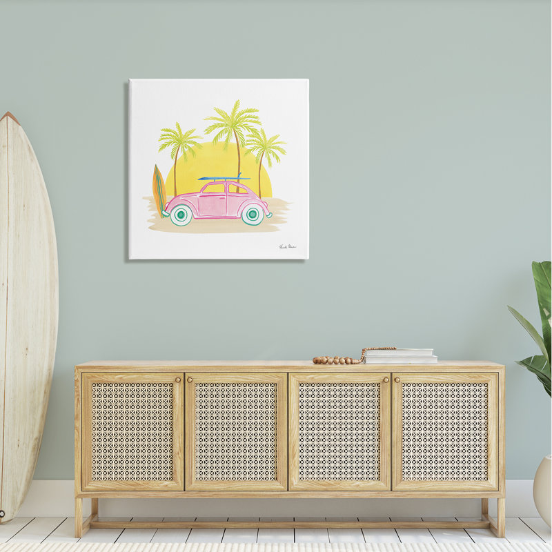 «Tropical Summer Travel», planche de surf, palmiers, soleil par Farida Zaman - Peinture, H 30 po x l 30 po x P 1,5 po