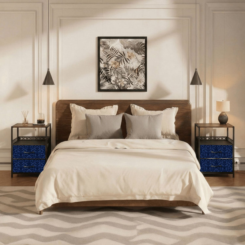 Table de chevet 2 tiroirs en tissu avec station de charge Élégant baroque bleu foncé damassé orné de détails floraux
