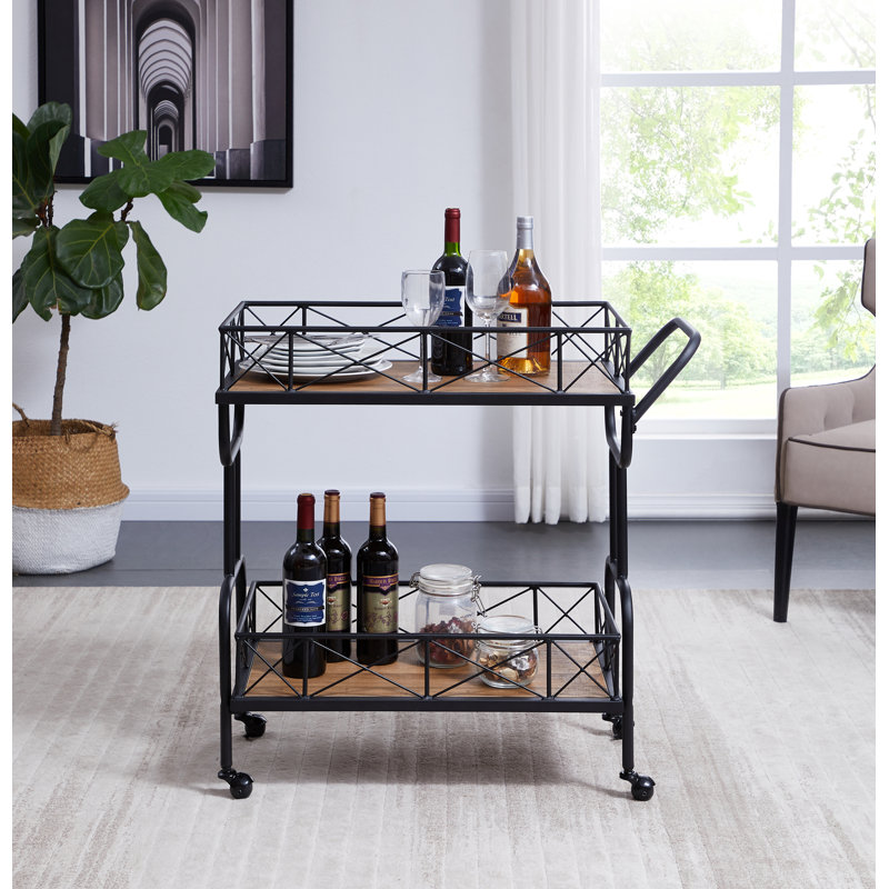 2-Tier Industrial Bar Cart with Wheels, Kitchen Drinks Serving Trolley, Brown