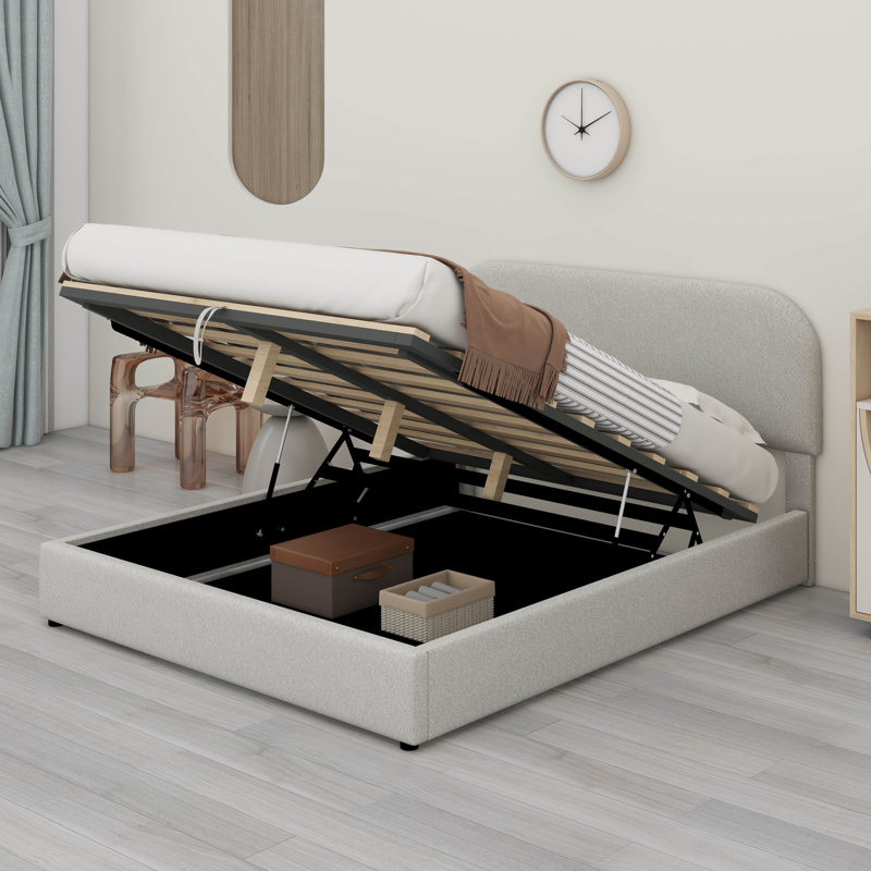Base de lit avec rangement relevable, lit plateforme tapissier en molleton Teddy avec système de rangement hydraulique, Blanc