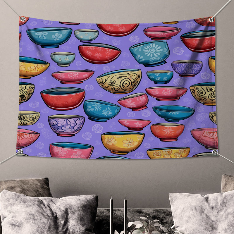 Tapisserie murale «Bowls» - Ustensiles de cuisine, 104in H x88 with 4 Grommets