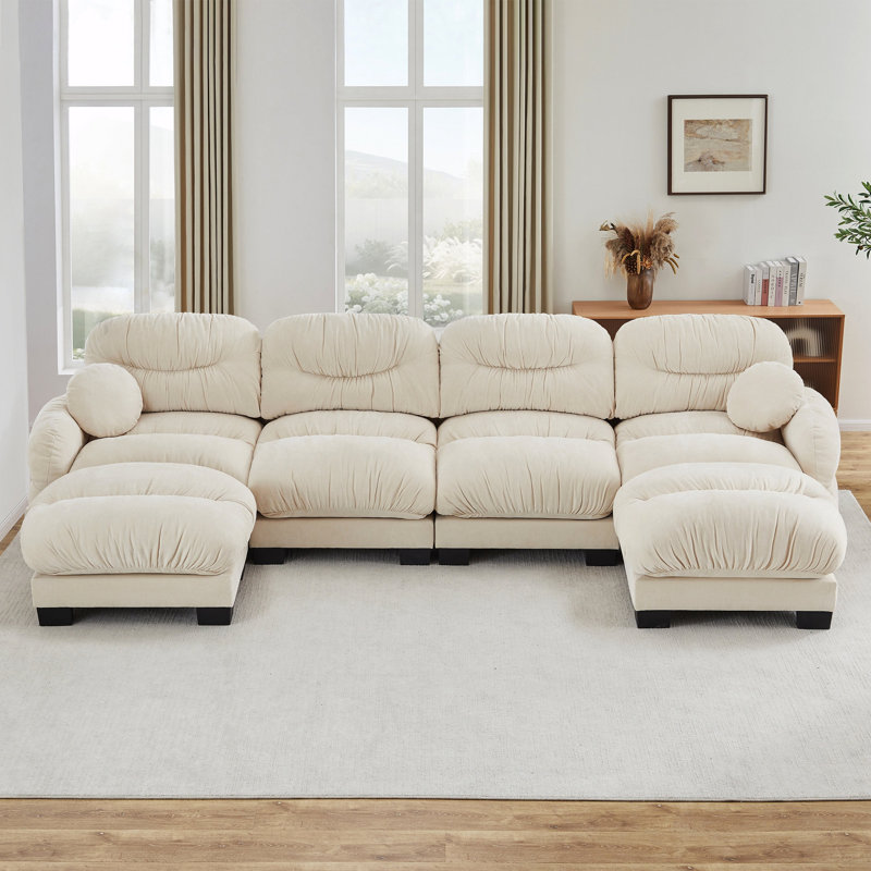 Canapé modulaire confortable en tissu de chenille plissé 4 places avec siège ergonomique en mousse haute densité, canapé modulaire en forme de U avec 2 repose-pieds, accoudoirs arrondis arrondis et 2 coussins décoratifs ronds, beige