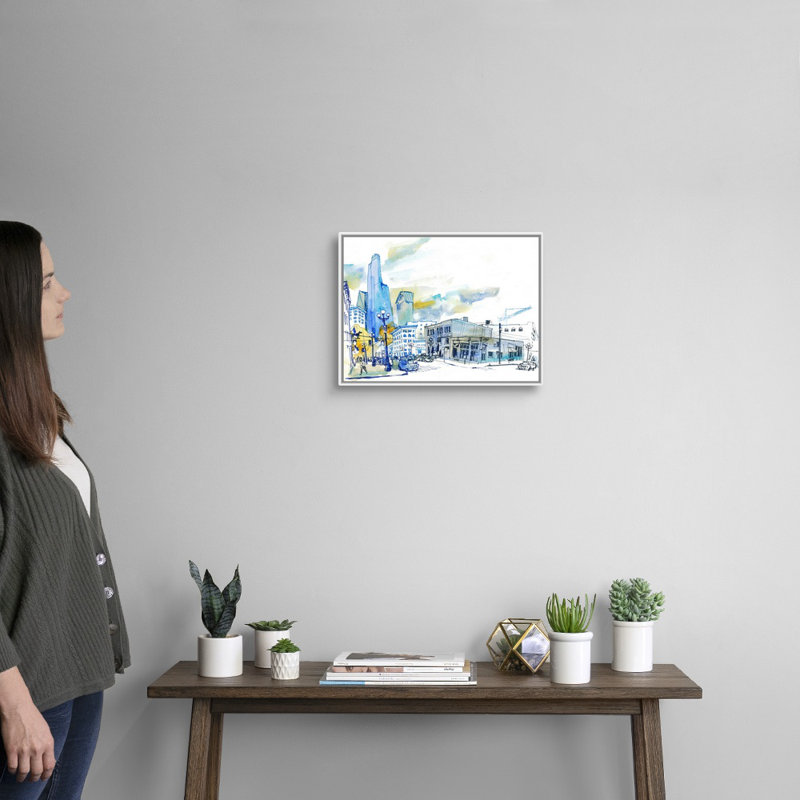 "Seattle Skyline" par Eleanor Doughty, reproduction d’art sur toile, H 14 po x l 18 po x P 1,75 po, Cadre blanc