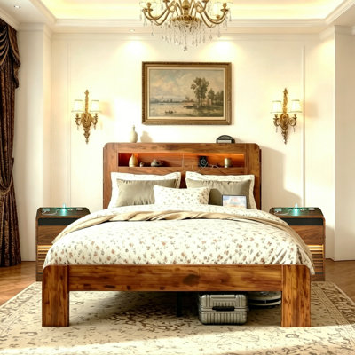 Ensemble de chambre avec grand lit 3 pièces, cadre de lit avec tête de lit à DEL avec rangement et 2 tables de chevet avec station de charge et lumières DEL