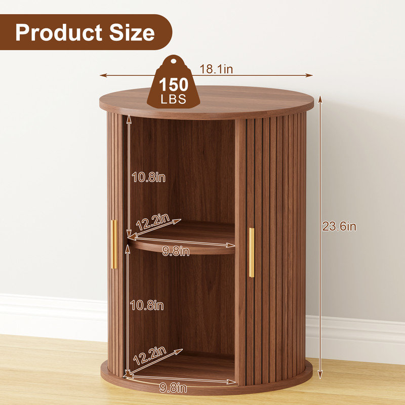 Fluted Round Side Table for Small Spaces, Mid Century Modern End Table with Sliding Tambour Door and Storage Shelf,Wood Nightstand(Brown)