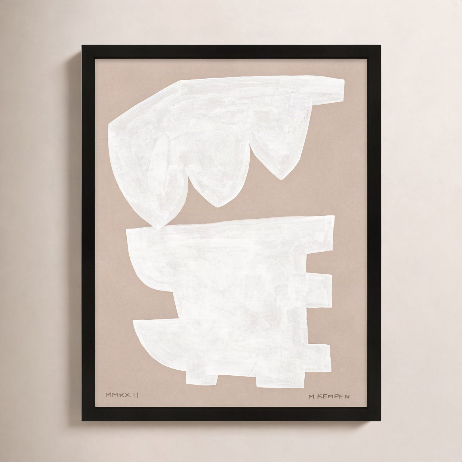 Gallman "Modules in White 1" Painting, 40" W x 50" H, Black Framed