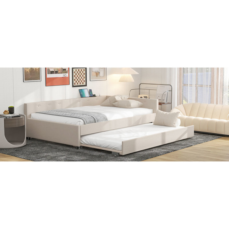Lit tapissier avec lit gigogne simple beige - construction, plateforme moderne indispensable et structure en bois massif