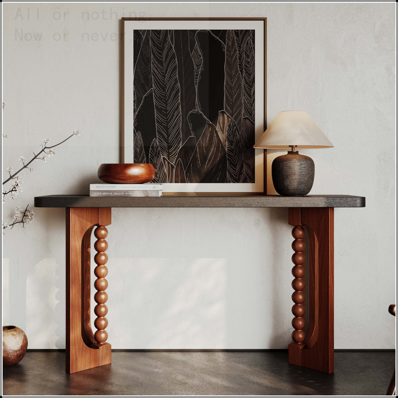 Console avec base sculpturale et plateau en grain de bois tactile