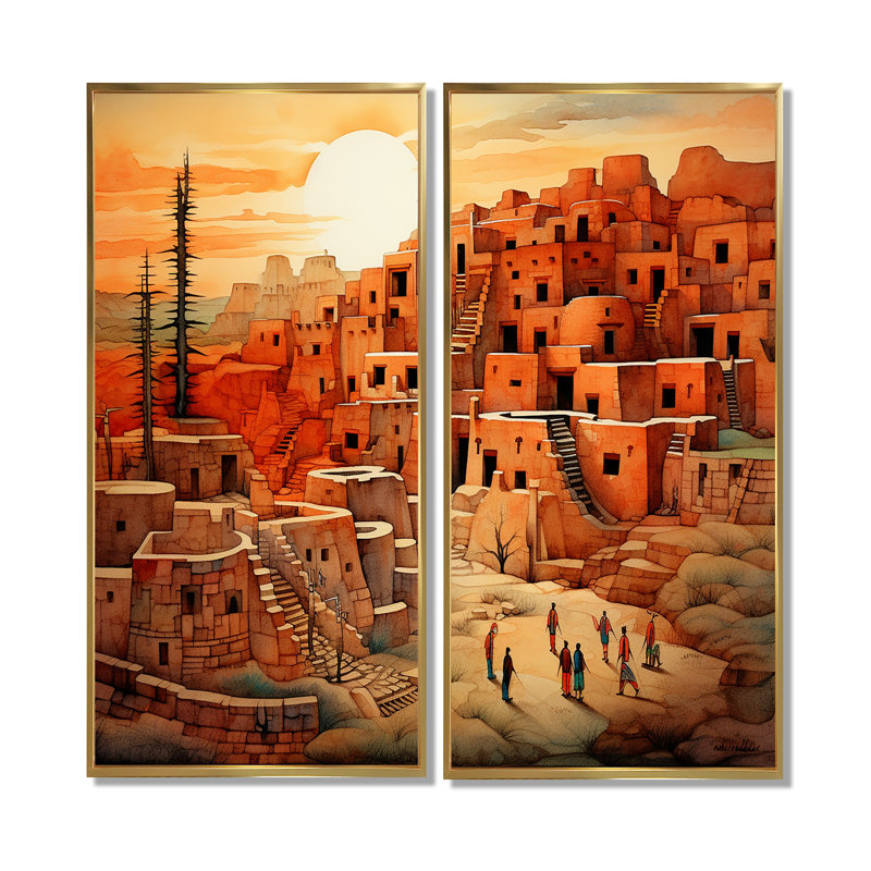 Paysage urbain amérindien - décoration murale mondiale, 40" H x 40" W, Impression encadrée flottante, Gold
