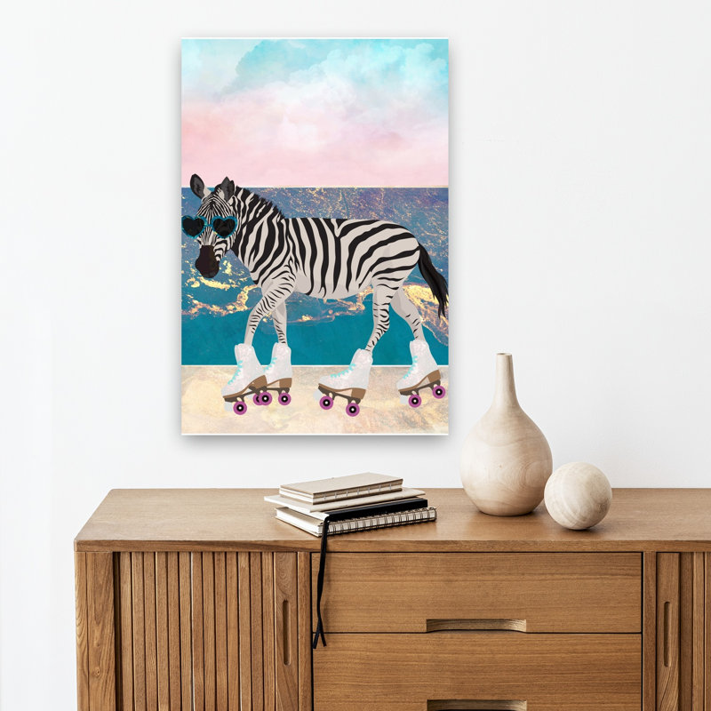 Cool Skating Zebra Abstract Retro Whimsical Zebra Beach Ocean Wall Art Print by Sarah Manovski - Wrapped Canvas Print