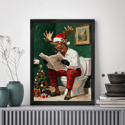 Black Framed Vintage Christmas reindeer sitting on the bathroom toilet reading newspapers Wall Art Super realistic contemporary oil painting Style Framed Prints