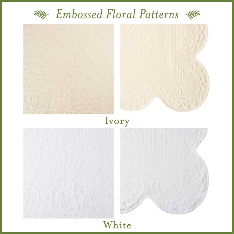 White Floral Cotton Full Bedspread Set with Scalloped Edges