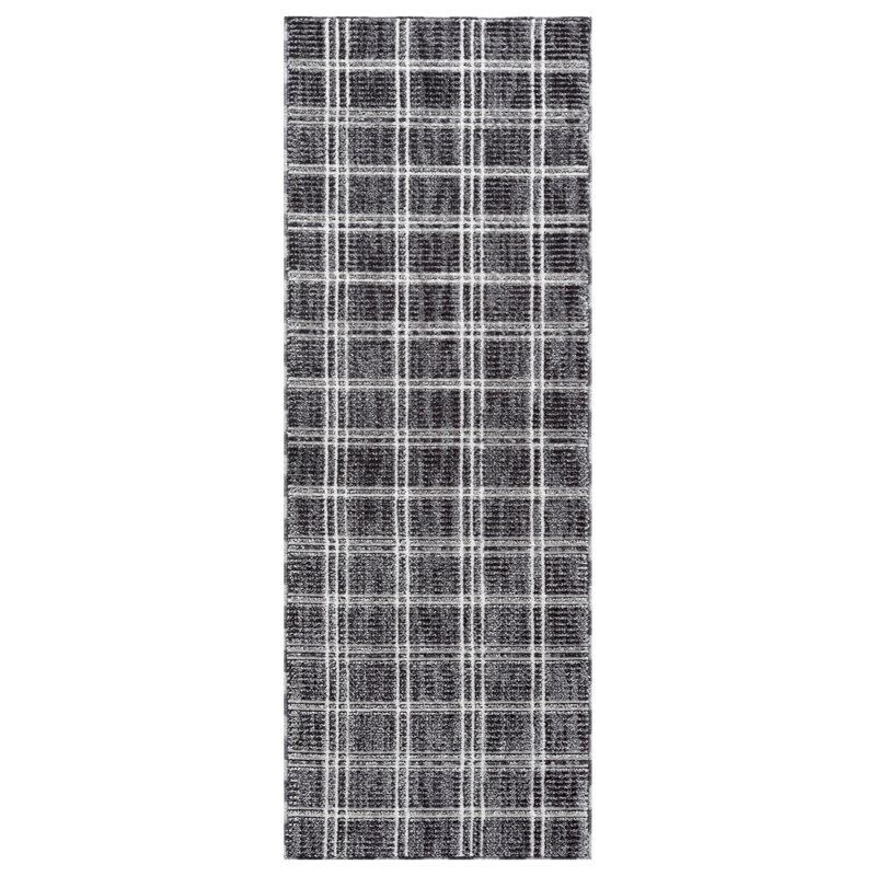 Clowers Collection Charcoal/White Plaid Patterned Area Rug, 2'4 x 8' Runner, Runner 2'1" x 7'9"