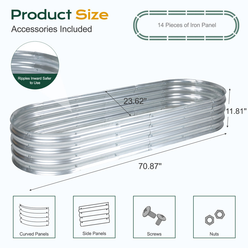 Galvanized Raised Garden Bed Silver, 11.81" H x 70.87" W x 23.62" D