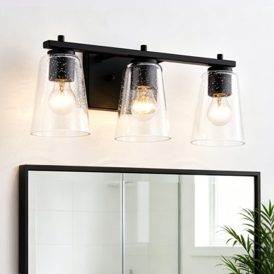 3-Light 20 in. Matte Black Modern Vanity Light with Clear Seedy Glass, Up/Down Mountable, Dimmable, Damp Rated