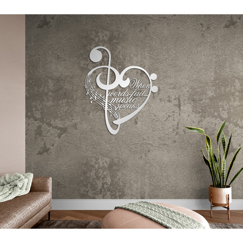 Metal Notes and Heart Wall Art, When words fail music speaks, Metal Wall Decor for Musician Gift, 38" H x 32" W x 0.5" D